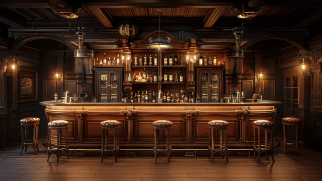 Classic wooden pub bar interior with leather stools, bottles on shelves, and warm chandelier lights.
