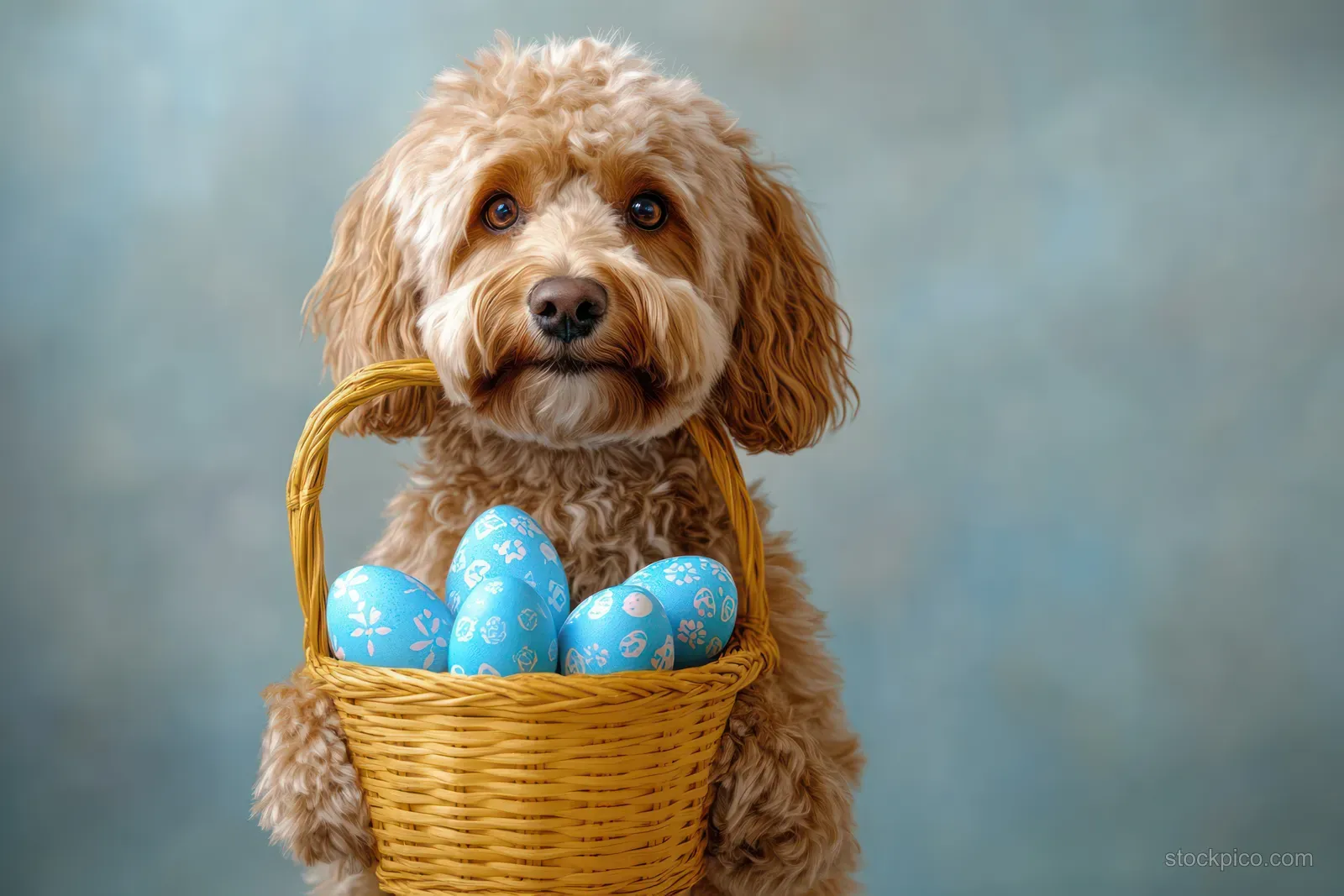 Curly brown dog holds a wicker basket of blue decorated Easter eggs and looks toward the camera.