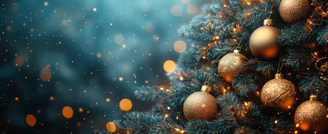 Golden Christmas tree ornaments shine with fairy lights over a blue bokeh night background.