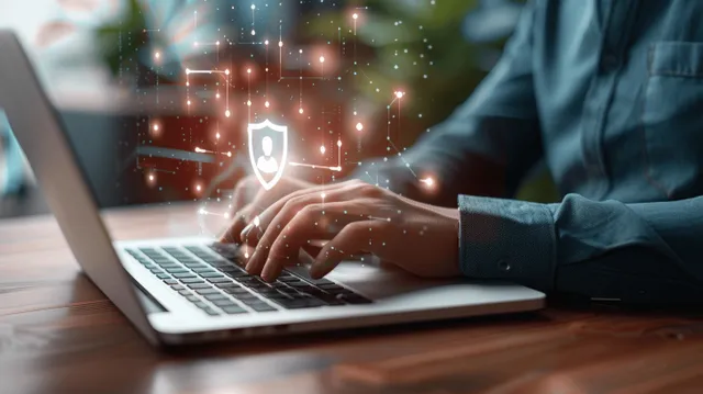 A businessman types on a laptop as glowing padlock and shield security icons hover over an encrypted network interface.