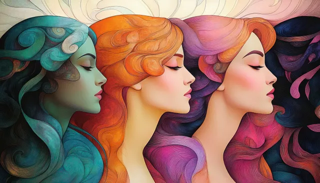 Four women in profile with flowing multicolor hair and serene expressions