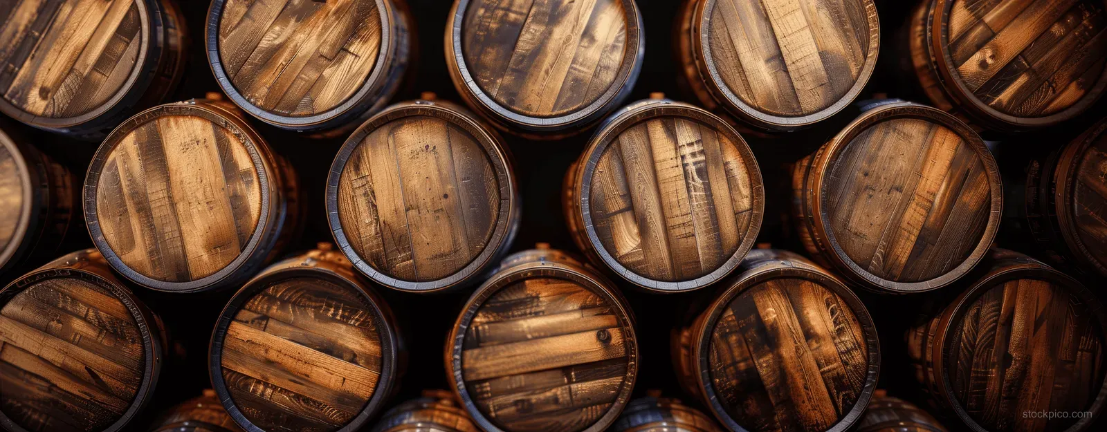 Stacked aged whiskey barrels in a dim cellar with visible oak grain and metal hoops.