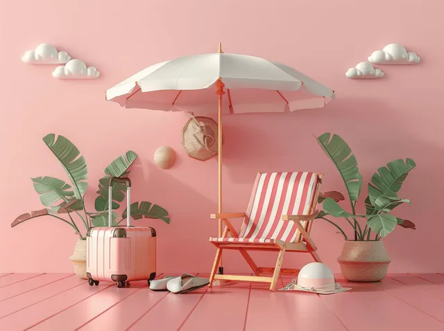 3D beach vacation arrangement with open umbrella, striped sun chair, suitcase, and palm plants on a pink backdrop.