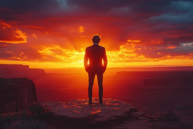 Executive stands on cliff at sunset, silhouetted in triumphant golden light