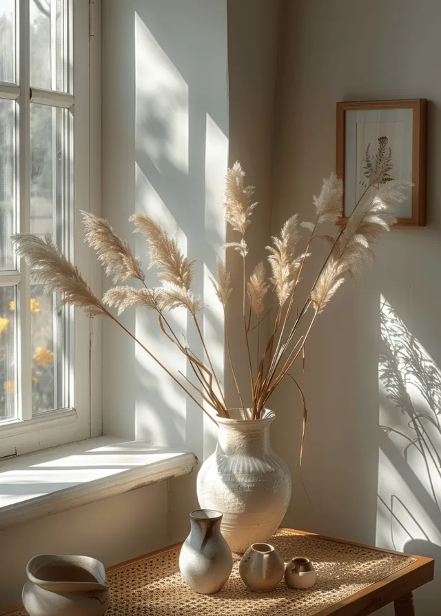 Blank picture frame mockup on a rattan table near a sunlit window with dried pampas grass in a vase.