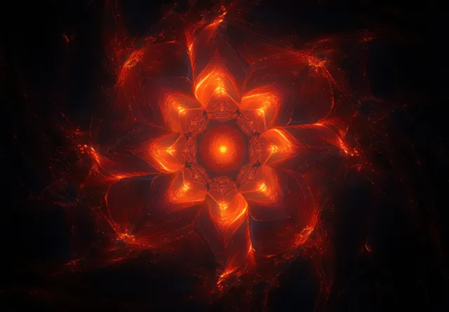 A glowing molten fractal flower blooms with orange and red flames swirling from a dark background.