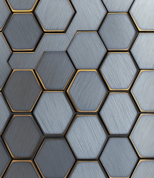 Brushed hexagonal metal tile pattern with seamless repeating grid and warm-gold outlines