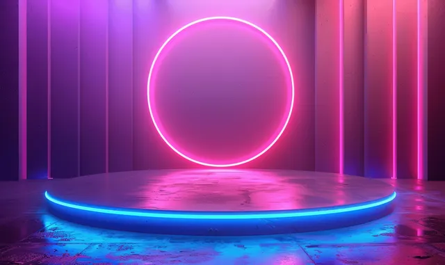 Neon circular ring glowing above reflective stage on purple-blue gradient background