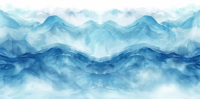 Abstract watercolor illustration of layered blue ocean waves with soft ripples and flowing motion.