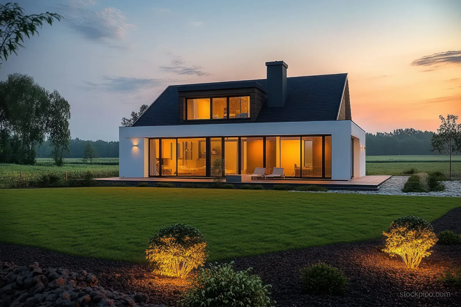 Modern two-story house with large glass windows glowing warmly at dusk beside a lit landscaped lawn and bushes.