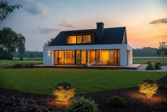 Modern two-story house with large glass windows glowing warmly at dusk beside a lit landscaped lawn and bushes.