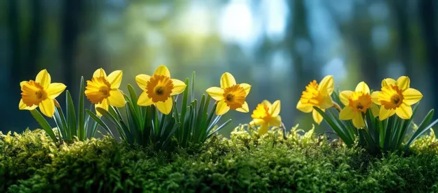 Yellow daffodils bloom from green moss in spring light, with blurred foliage in the background.