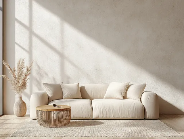 Beige sofa and round wooden side table sit in a sunlit minimalist living room with pampas grass in a vase.