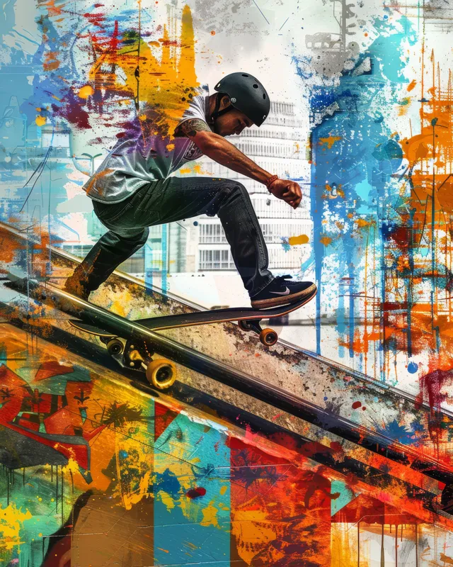 Brazilian skateboarder grinding a rail in a graffiti skatepark with vibrant wall splashes and motion blur.