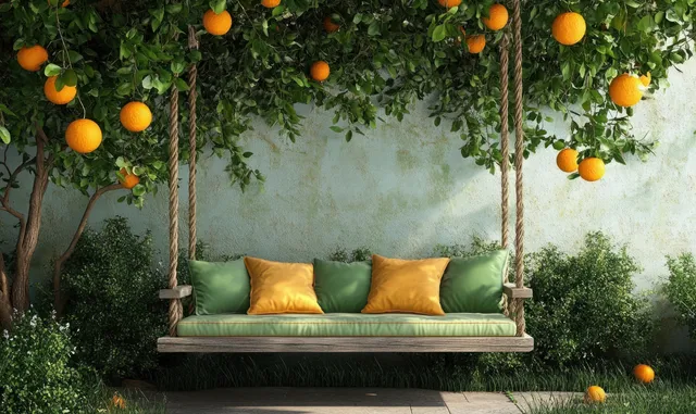 Colorful cushioned vintage swing hangs from ropes beneath orange tree leaves in a quiet green garden.