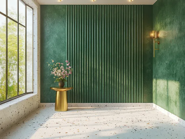 Minimalist empty room shows a speckled white floor, daylight window, green ridged wall, golden pedestal with pink flowers, and wall sconce.