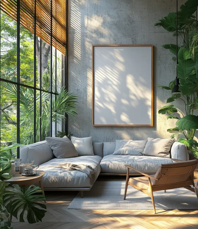 Gray sectional sofa sits in a Scandinavian living room beside large windows and potted plants under warm sunlight.