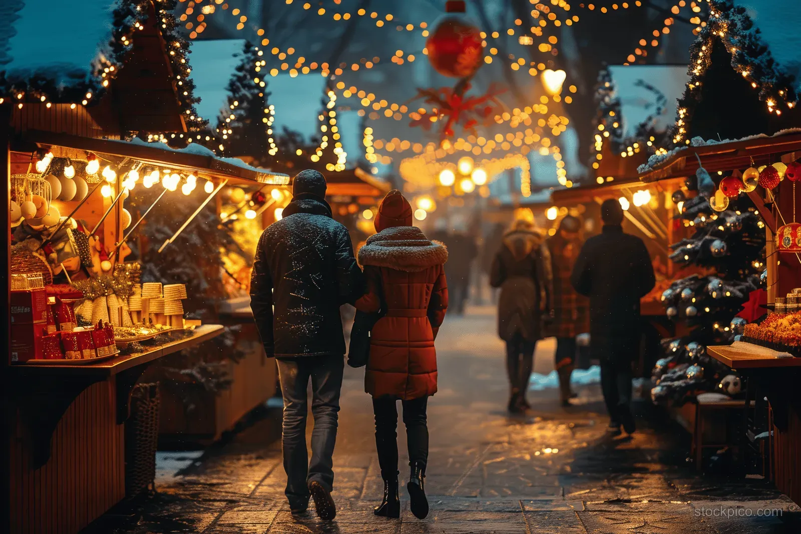 A couple walks through an illuminated Christmas market at night past decorated stalls and glowing holiday lights.