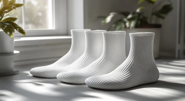 Minimalist 3D render of white cotton crew socks arranged with soft studio shadows