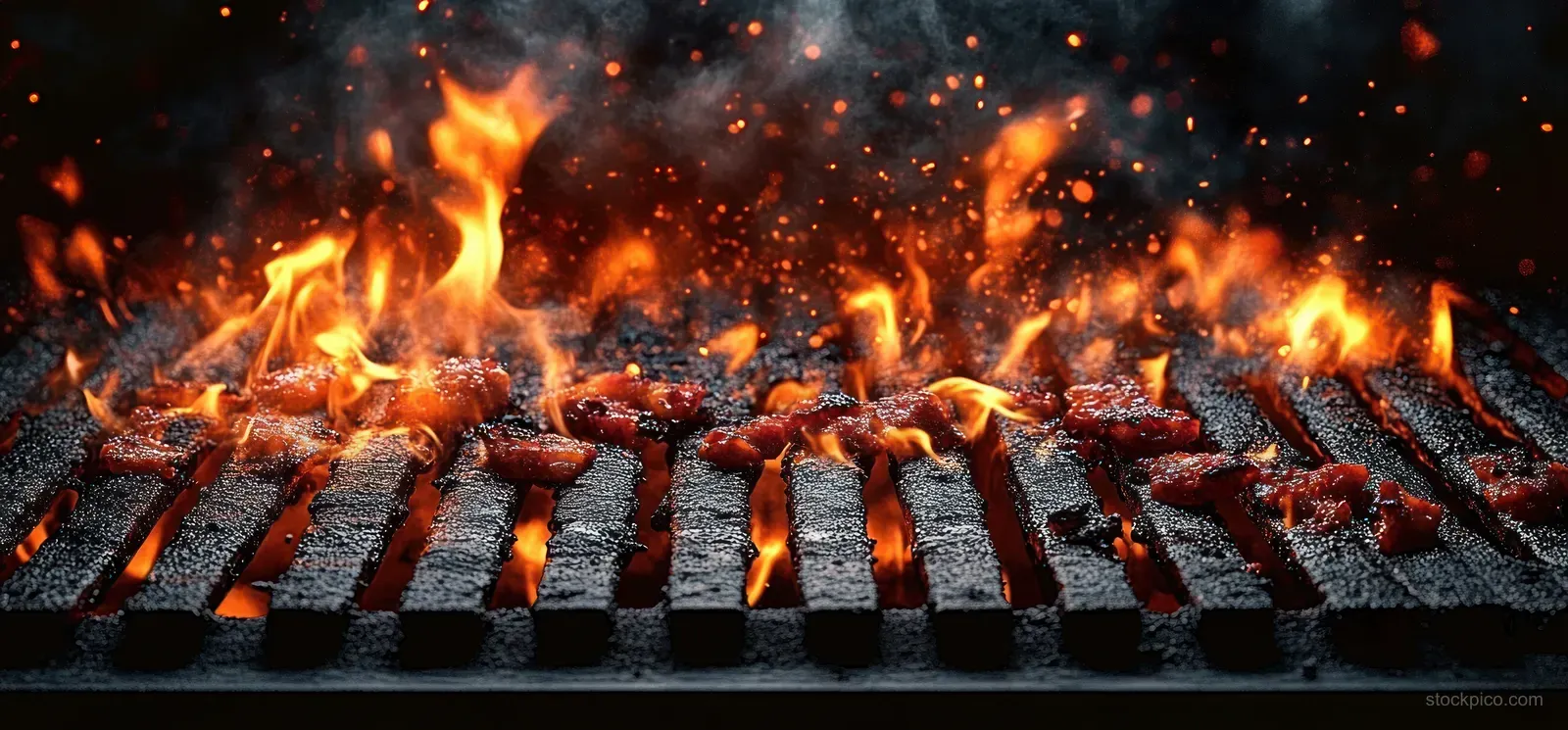 Sizzling meat cooks on a charcoal grill grate with glowing embers and bright orange flames.