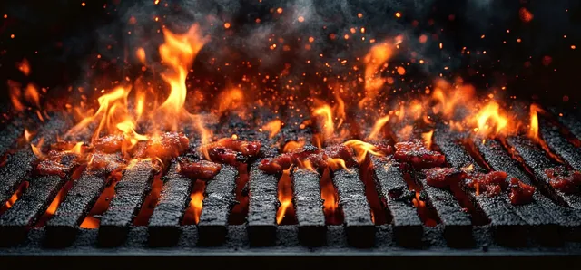 Sizzling meat cooks on a charcoal grill grate with glowing embers and bright orange flames.