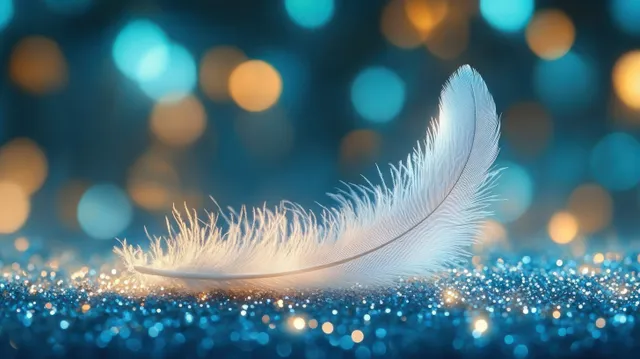 Single white feather resting on glitter with softly glowing blue and orange bokeh lights in the background.