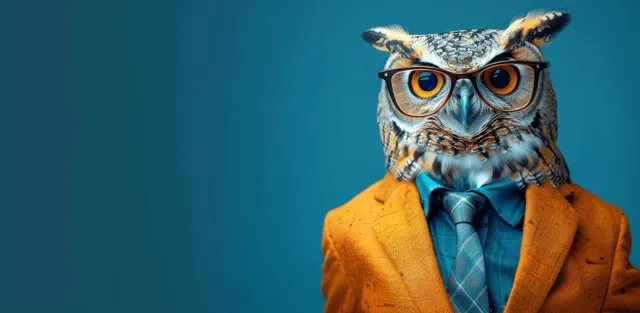 Stylish owl in an orange business suit and tie wearing glasses poses on a blue banner background with copy space.