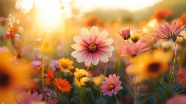 Smiling woman takes a selfie amid pink cosmos flowers in warm golden sunlight