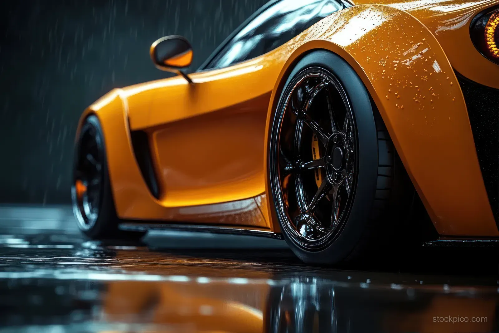 Orange sports car front wheel and side body glisten with rain droplets on reflective wet pavement.