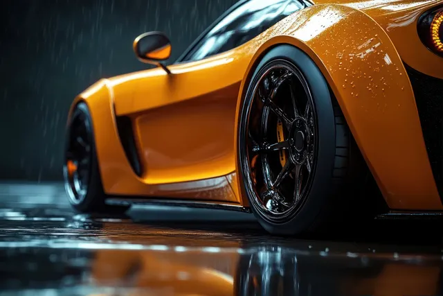 Close-up of orange sports car wheel and side body with rain droplets on wet street