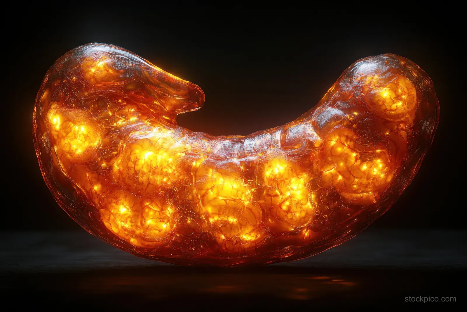 Glowing orange esophagus-like anatomy with swirling particles on a dark background suggesting acid reflux.