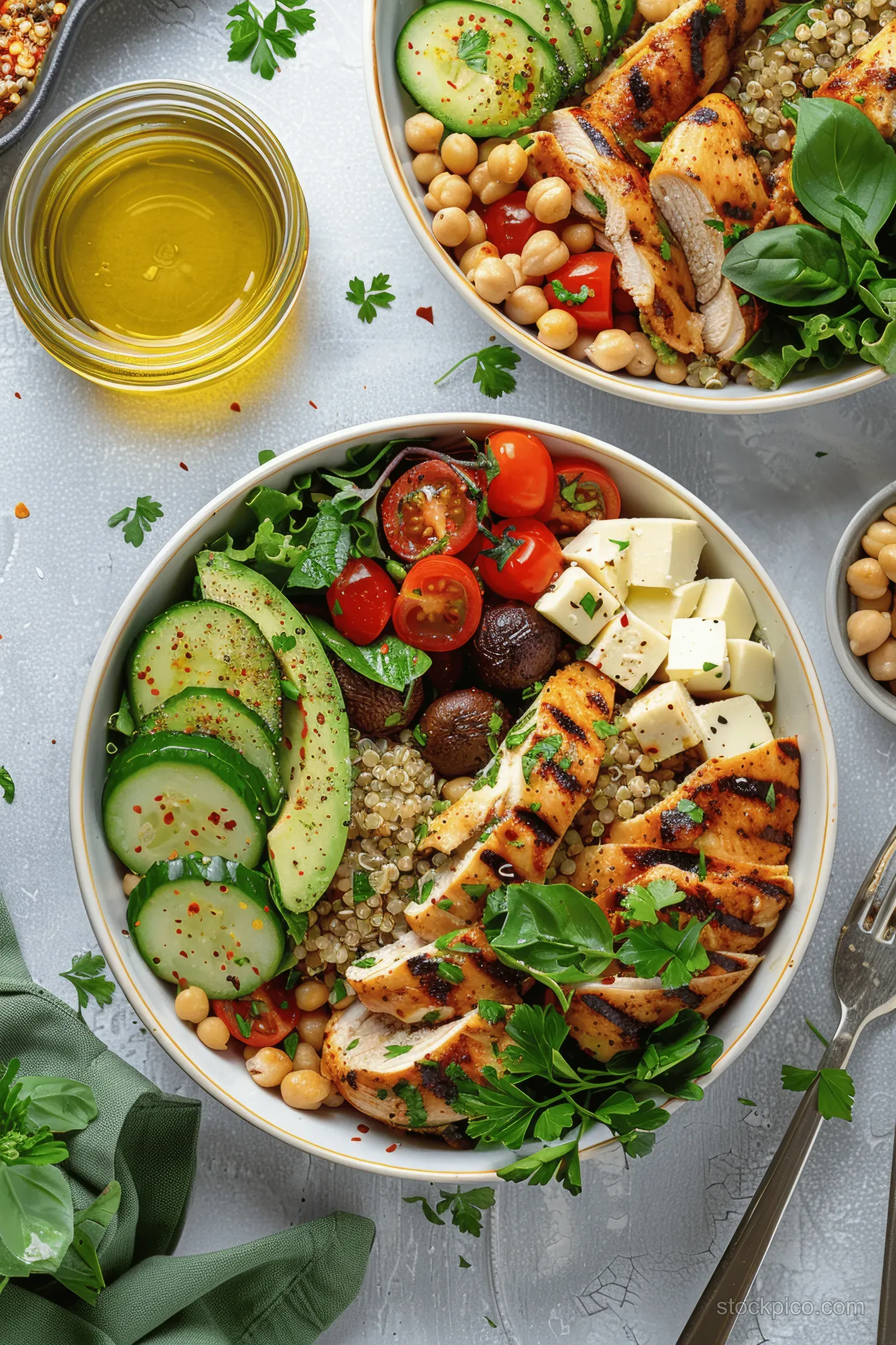 Overhead view of a quinoa bowl with chicken, chickpeas, avocado, cherry tomatoes, and chopped herbs on a light plate.