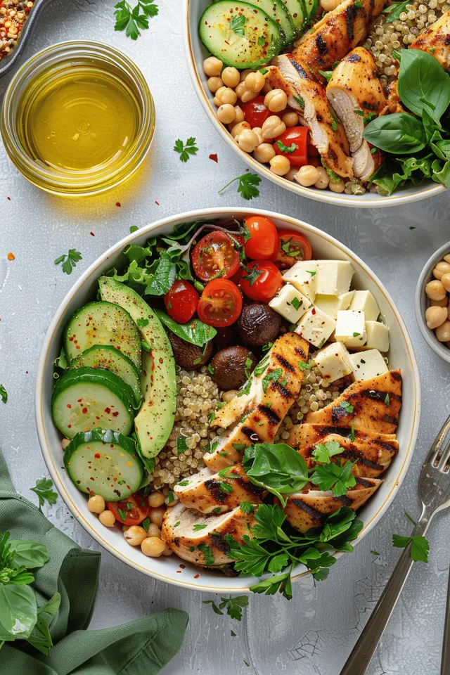 Overhead view of a quinoa bowl with chicken, chickpeas, avocado, cherry tomatoes, and chopped herbs on a light plate.