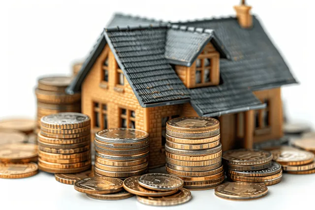 House-shaped piggy bank and stacked coins in front of a blurred home model backdrop.