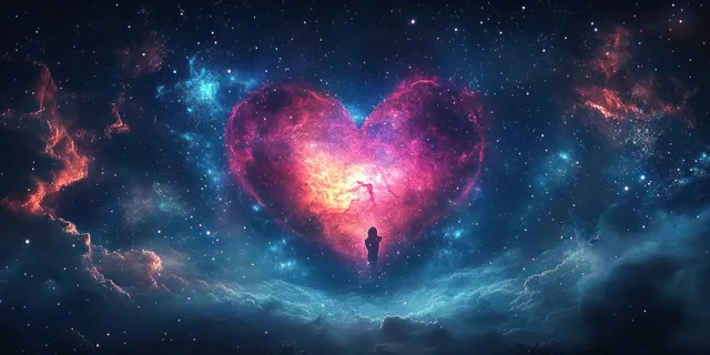 Heart-shaped nebula with glowing gases and lone silhouette under starfield in deep space