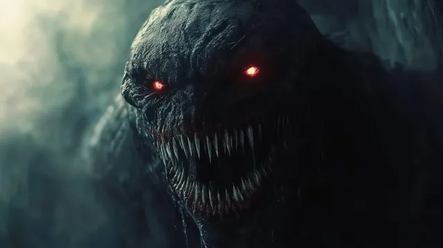 A hulking monster emerges from shadows with glowing red eyes and jagged teeth
