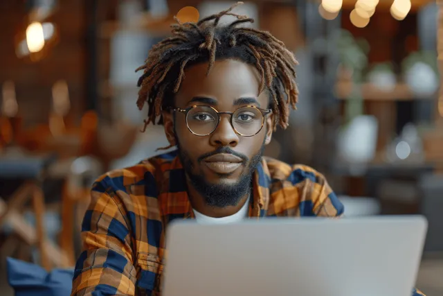 Un joven con rastas y gafas trabaja en un portátil en un café con iluminación cálida mientras lleva una camisa a cuadros.