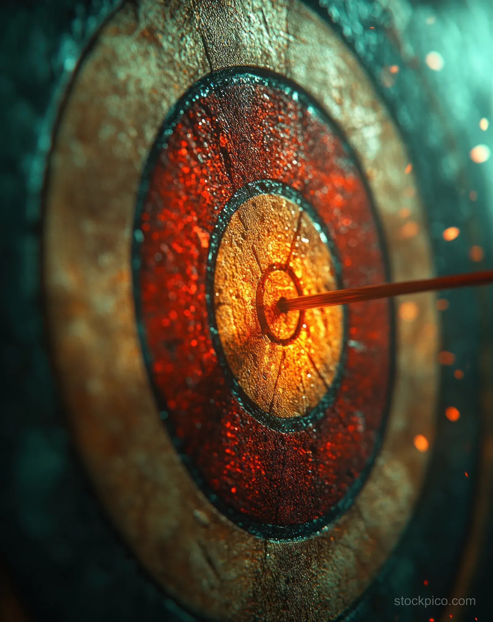 An arrow is embedded in the bullseye of a dartboard with glowing rings and warm sunset sparks.