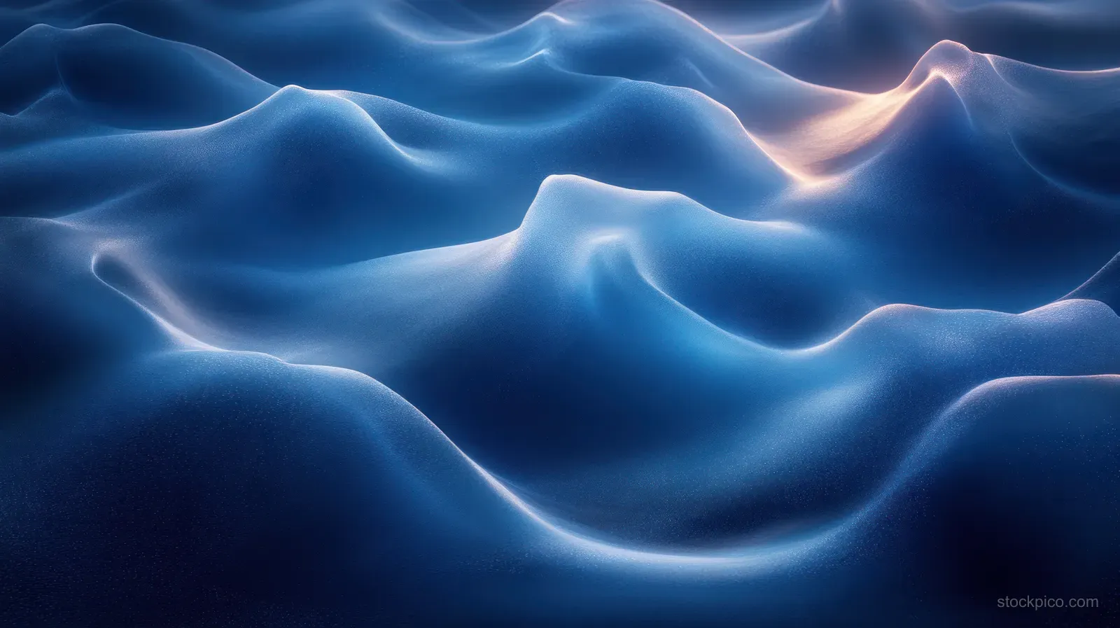 Abstract blue waves with glowing highlights and smooth flowing shapes across a dark background with empty space for text.