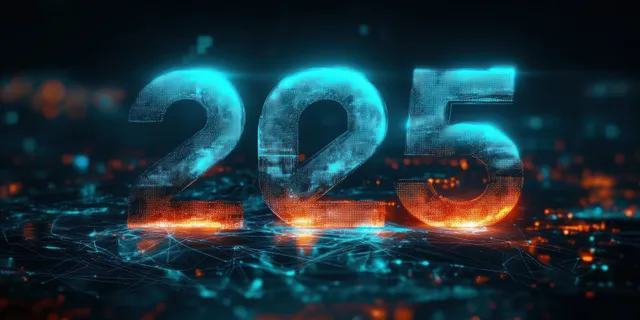 A neon holographic 2025 number over a dark digital network globe with teal data connections.