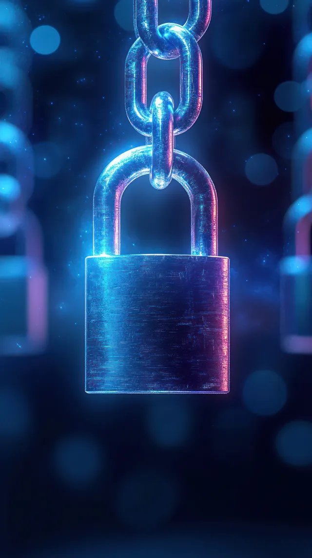 Metallic padlock on a chain under blue and pink neon glow in a dark background
