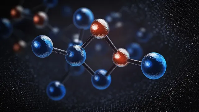 Close-up 3D molecular model with blue and orange spheres connected by rods over a dark textured background.
