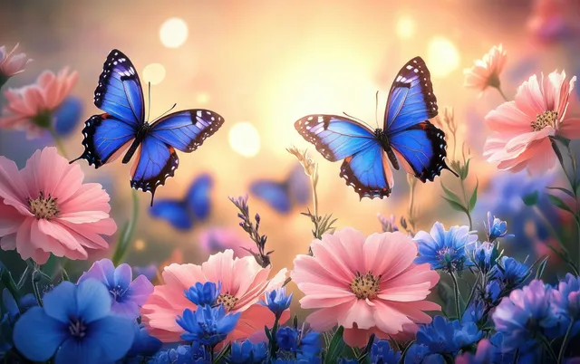 Two blue butterflies hovering above pink and blue blossoms in warm sunlit garden