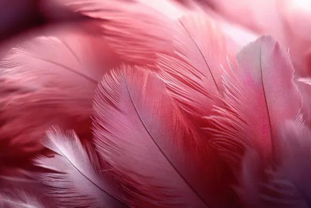 Layered pink bird feathers fill the frame in a soft-lit macro close-up.