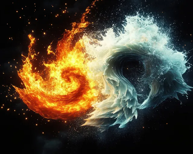 Fiery orange and icy blue spirals form a split elemental face with smoke and embers on a black background.