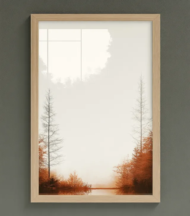 A blank minimalist wooden poster frame hangs on a green wall with soft natural light.