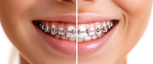 Split close-up of smiling mouth with braces showing teeth alignment and whitening
