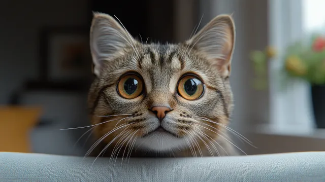 Surprised tabby cat close-up portrait peeking over a couch cushion, soft indoor light