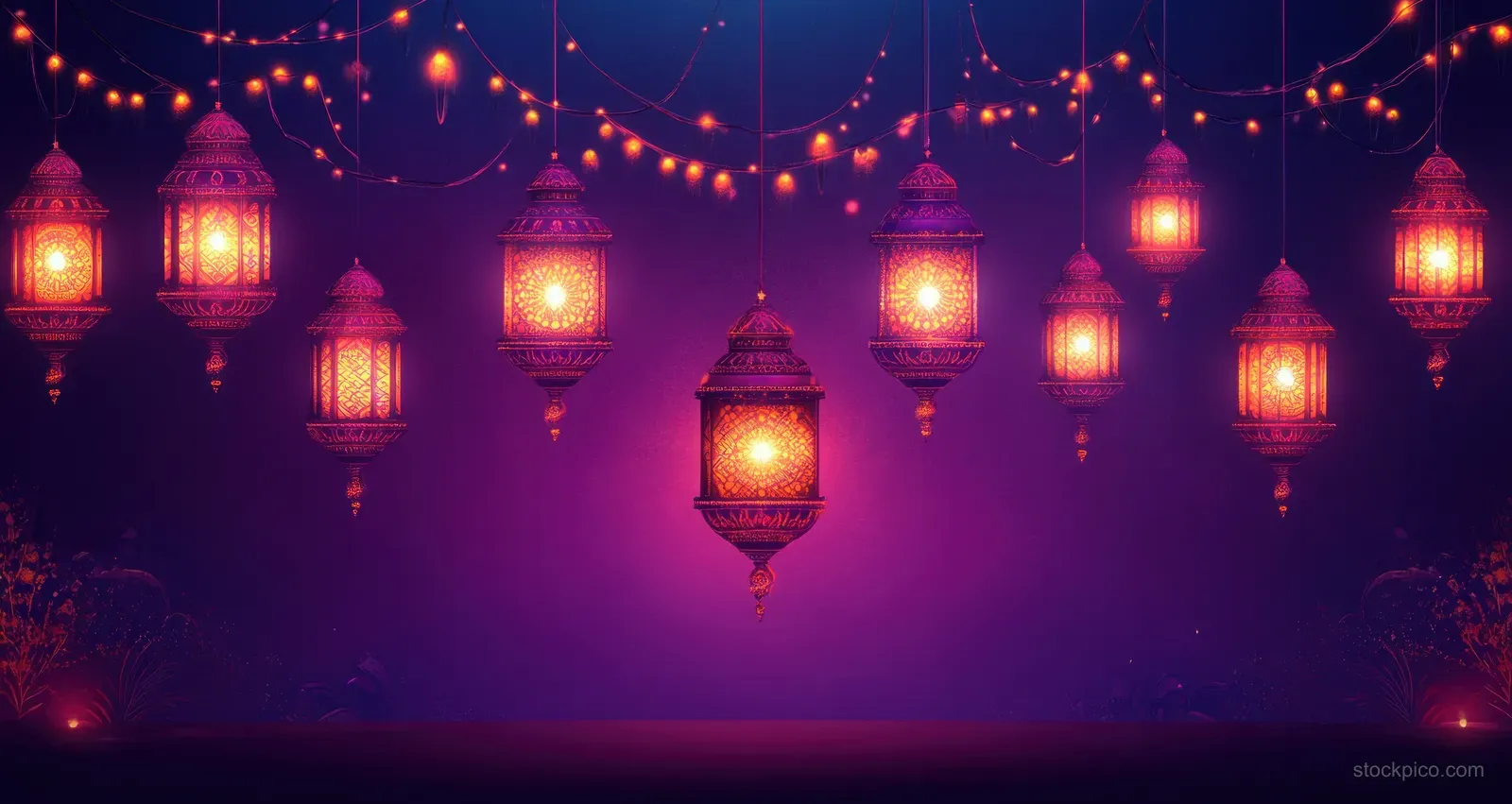Multiple glowing Diwali lanterns hang against a deep purple night sky with warm string lights.