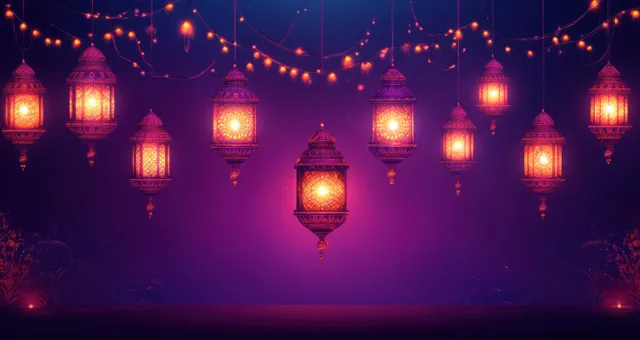 Multiple glowing Diwali lanterns hang against a deep purple night sky with warm string lights.
